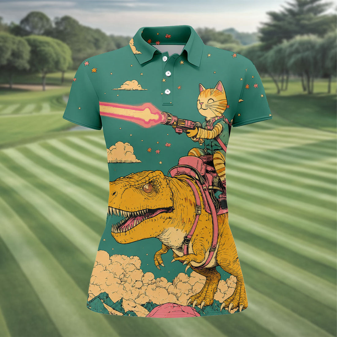Laser Cat Dinosaur Golf Shirt, Retro Sci Fi T Rex Adventure Pattern, Golf Shirt For Women