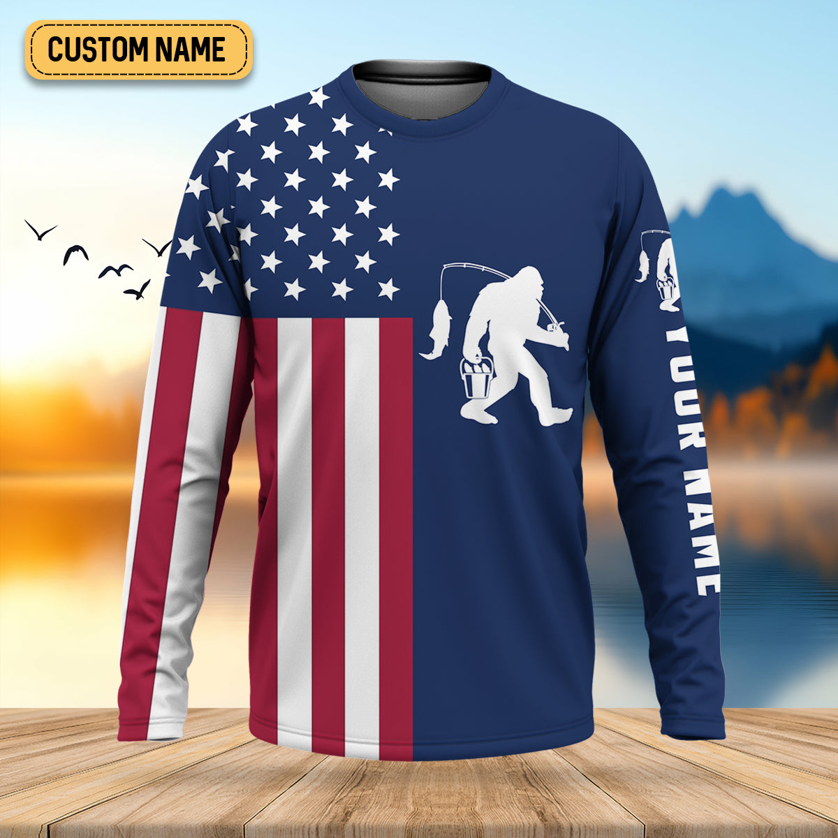 Bigfoot American Flag Patriotic Fishing Shirt, SPF Shirt For Men, Gift For Fisherman, Fishing Shirts For Men