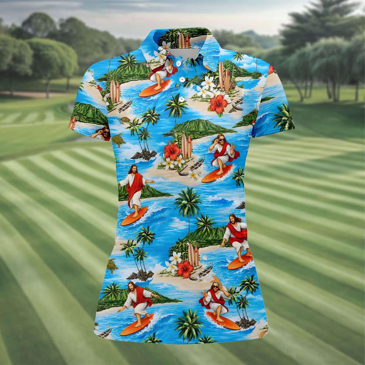 Funny Beach Surfer Jesus Hawaiian Golf Shirt, Golf Polo For Women, Printed Golf Shirt