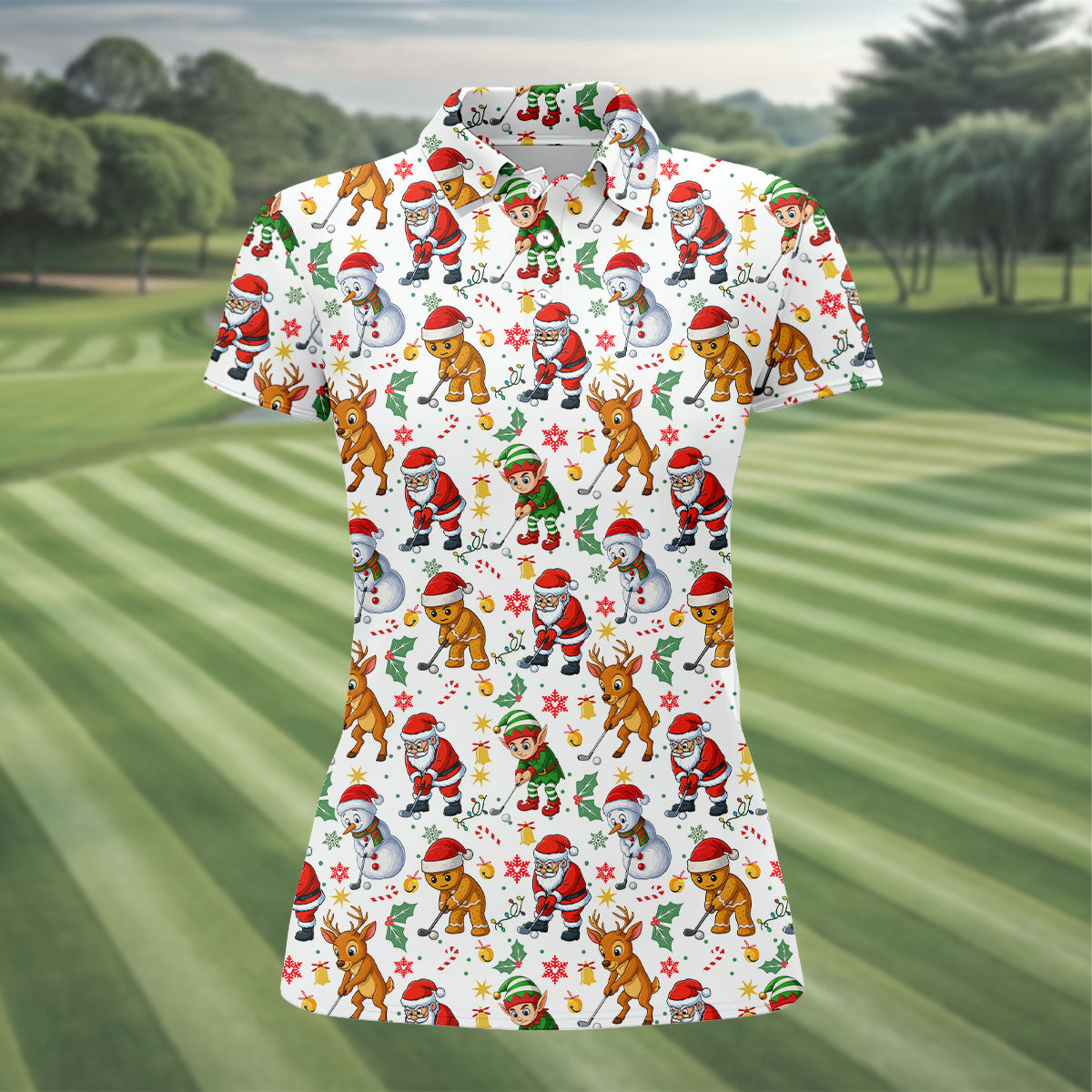 Funny Christmas Characters Ladies Golf Tops, Cute Golf Outfit, Fun Women's Golf Shirts, Christmas Golf Shirt