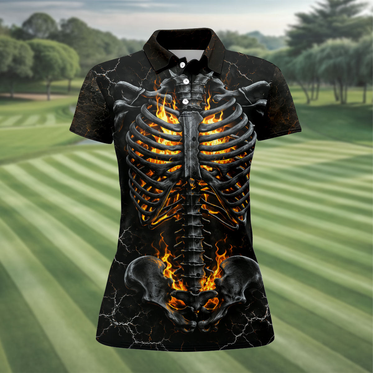 Burning Skeleton Rib Cage Halloween Polo Shirt, Womens Golf Tops, Ladies Golf Shirts