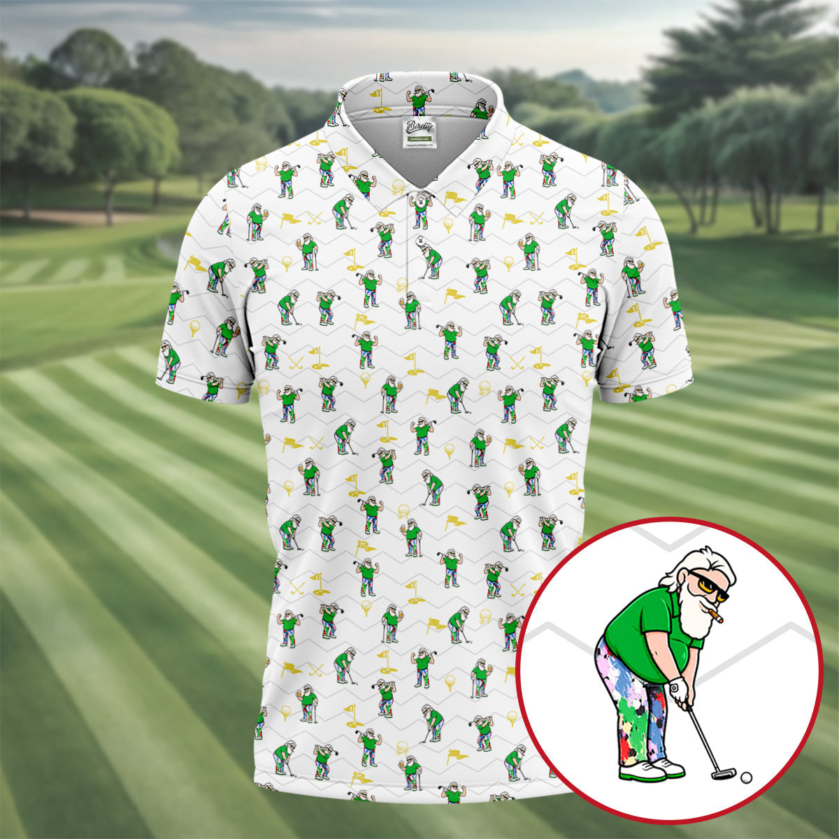 Funny Bearded Golfer Cartoon Pattern Polo Shirt, Mens Golf Polo, Polo Shirts For Men
