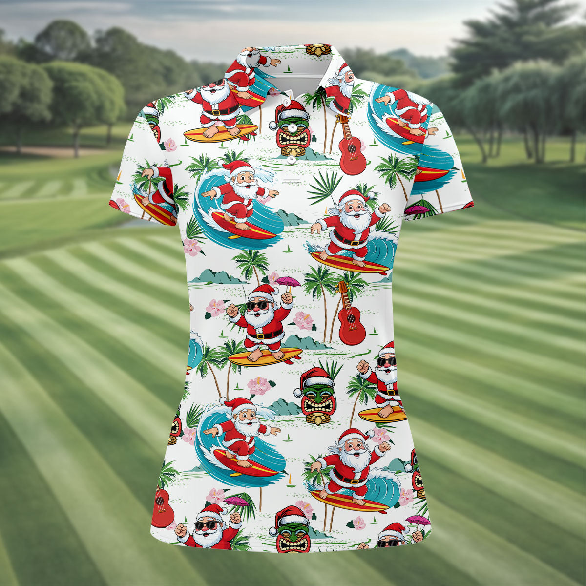 Tropical Christmas Surfing Santa Golf Polo Shirt, Women’s Golf Polo, Golf Tops For Women