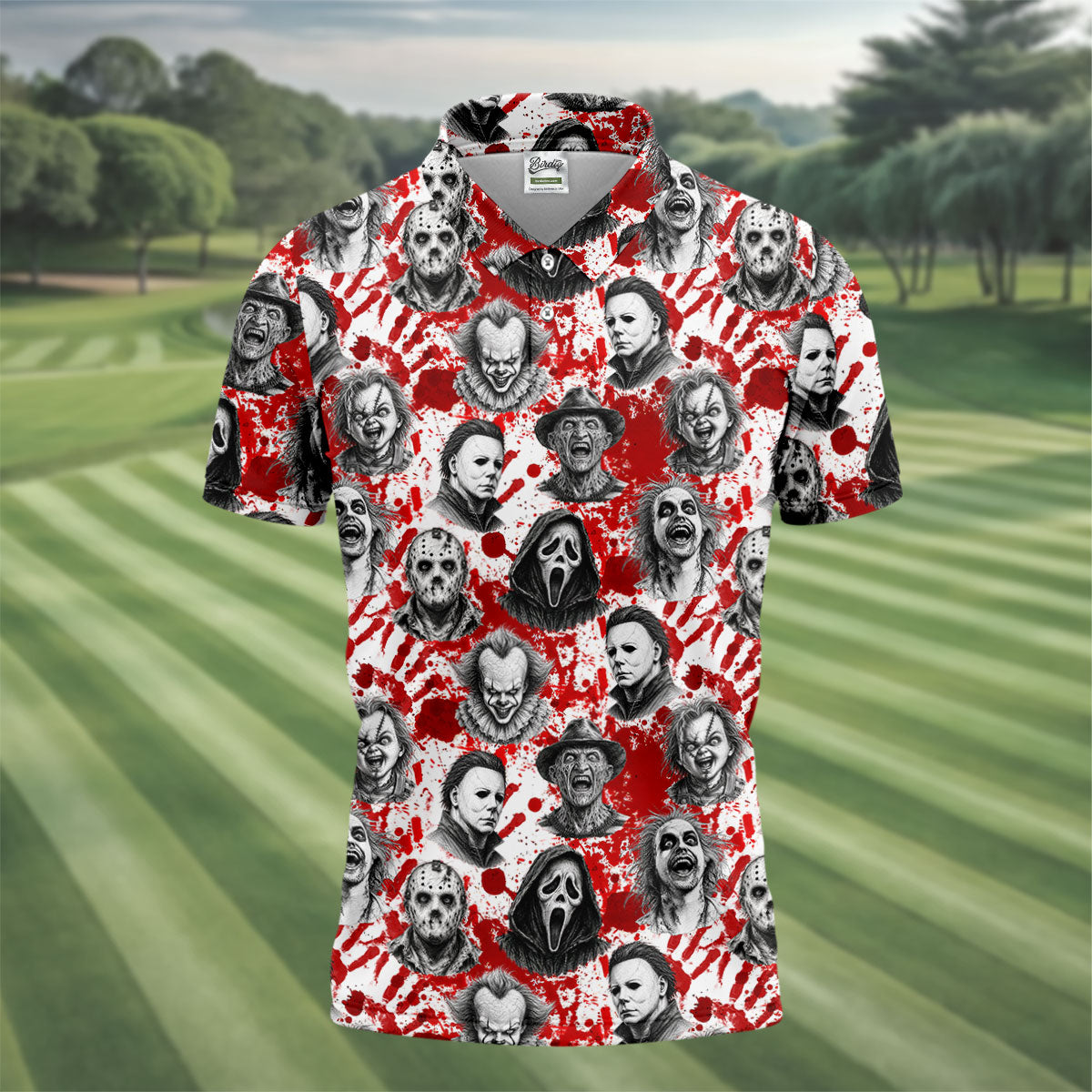 Halloween Horror Character Blood Splatter Polo Shirt, Mens Golf Polo, Golf Apparel For Men