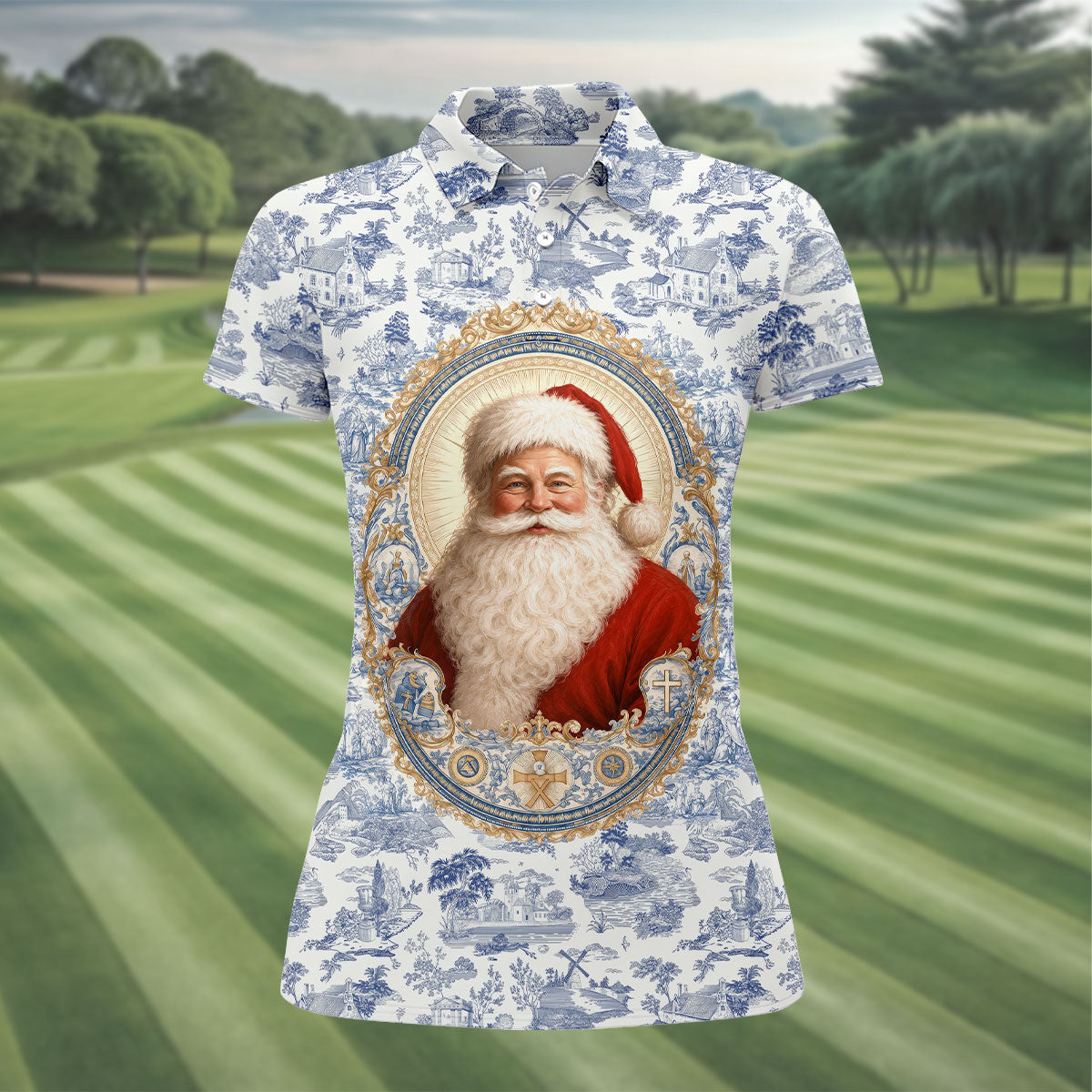 Xmas In July Santa Portrait Christmas Polo Shirt, Women’s Golf Polo, Golf Tops For Women
