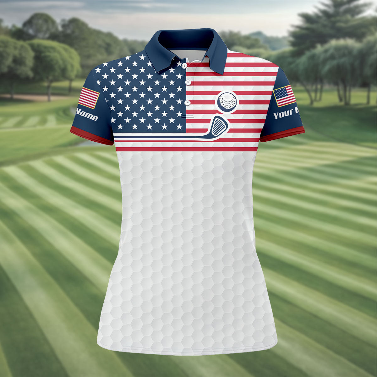 Patriot American Flag Wedge Golf Club Golf Ball Pattern Women's Golf Tops, 250th Anniversary Patriotic Golf Shirt