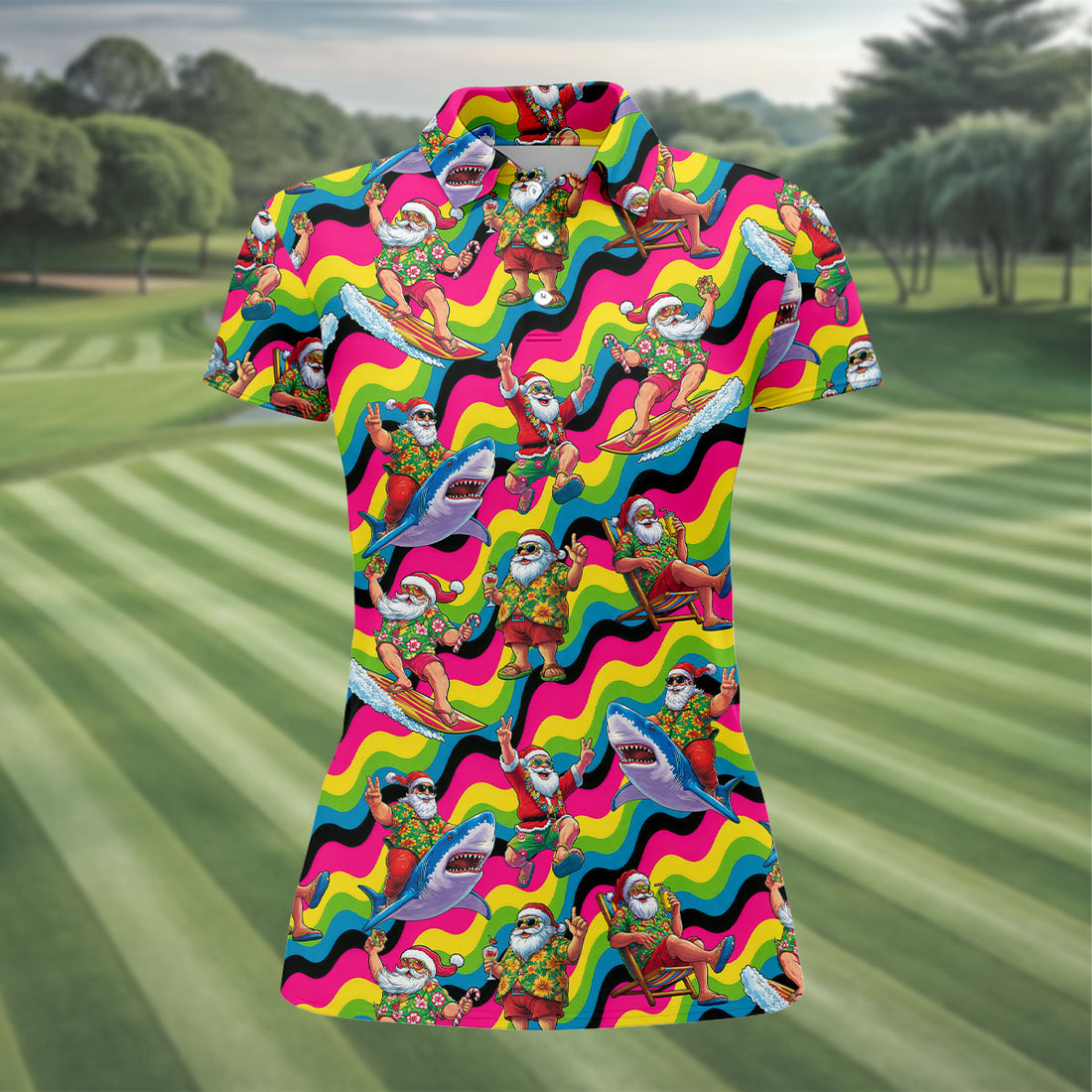 Funny Surfing Santa Riding Shark Hawaiian Golf Shirt, Golf Polo For Women, Printed Golf Shirt