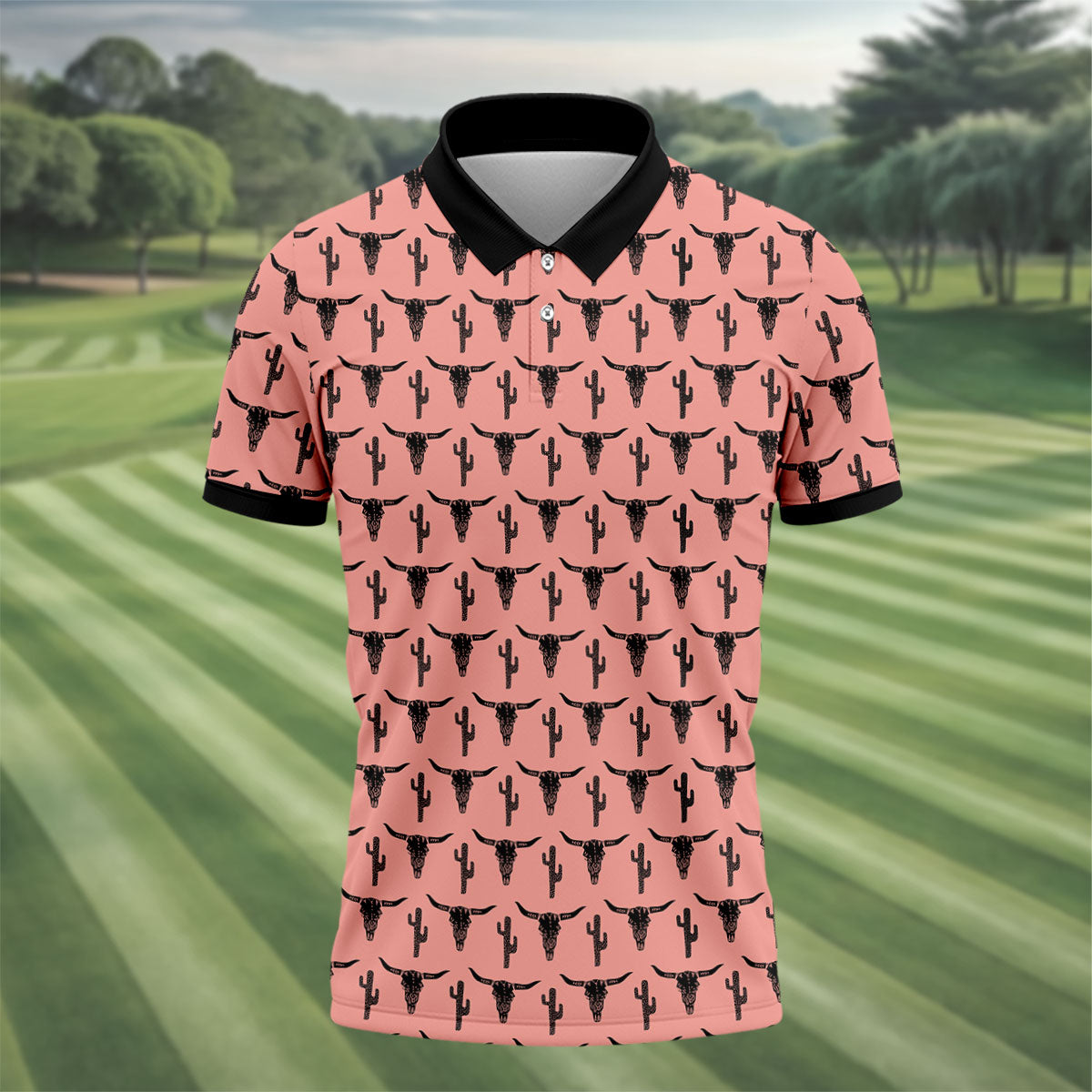 Longhorn Cow Skull Western Theme Peach Pink Golf Tops For Men, Polo ShirtFor Men, Golf Shirts For Men