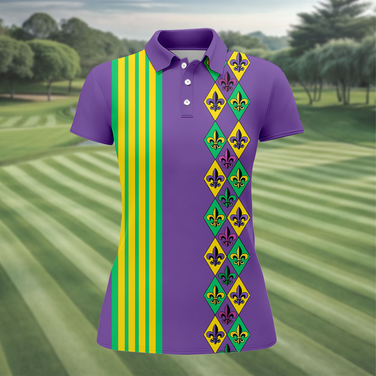 Fleur De Lis Argyle Pattern Purple Green Gold Stripes Women's Golf Shirts, Ladies Golf Polos, Golf Shirt For Women