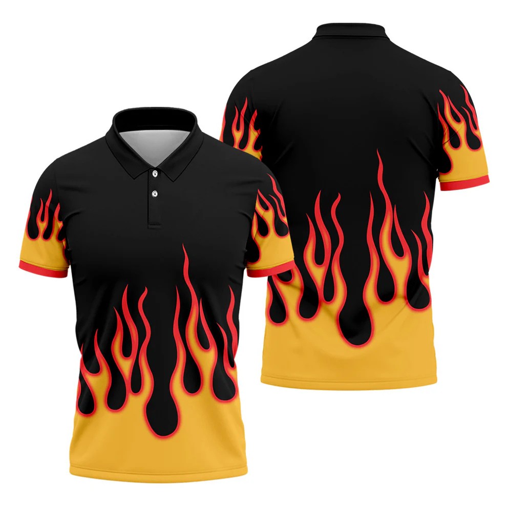 Black Red Yellow Flame Sleeve Golf Shirt, Hawaiian Golf Shirt, Mens Golf Shirts