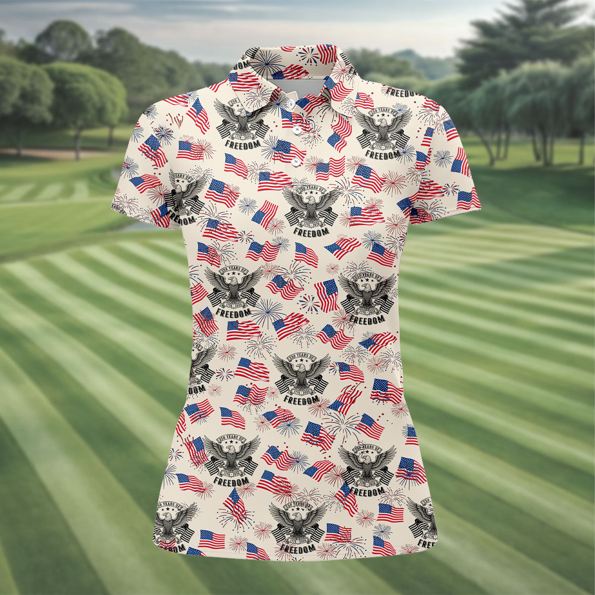 250 Years Of Freedom Festive Flag Vintage Beige Golf Shirt, Patriotic 4th Of July Golf Shirt For Women