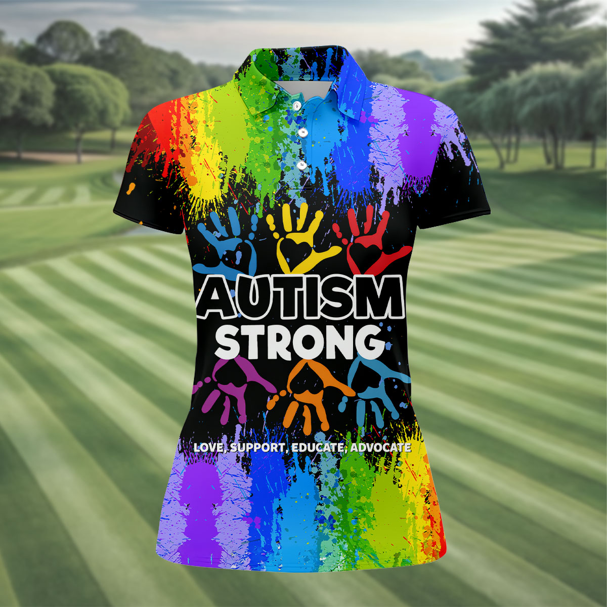 Autism Strong Rainbow Paint Splatter Women's Golf Tops, Autism Awareness Colors Ladies Golf Polos