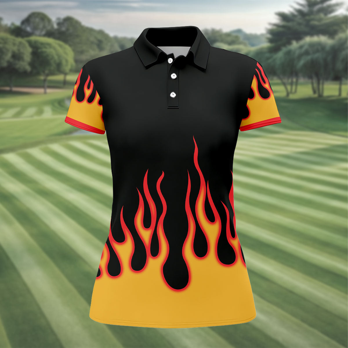 Black Red Yellow Flame Sleeve Golf Shirt, Hawaiian Golf Shirt, Golf Tops For Women