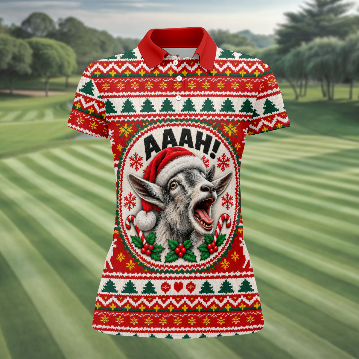Funny Screaming Goat Christmas Golf Shirt, Ladies Golf Shirts, Golf Tops For Women