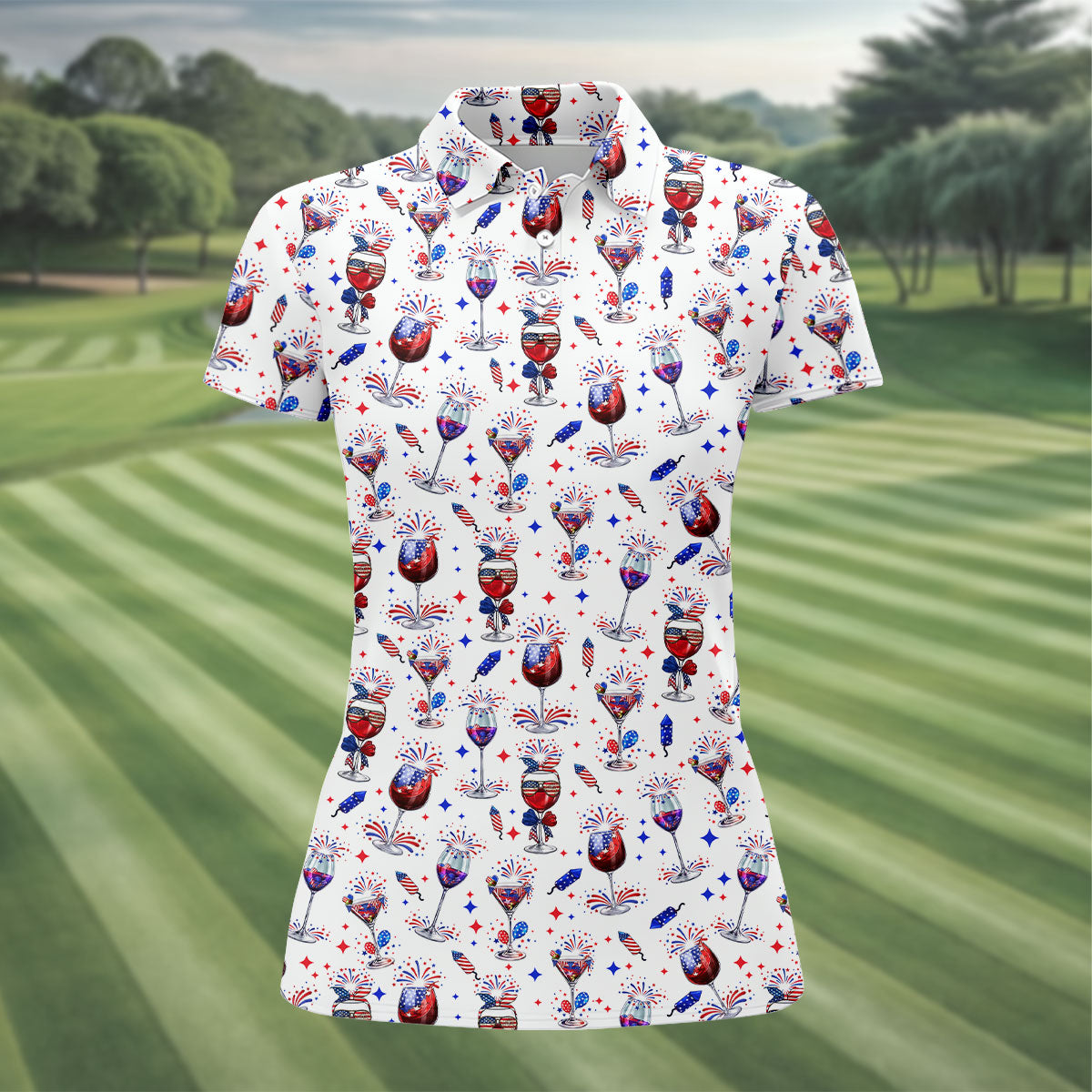 Wine And Martini American Flag Pattern Patriotic 4th Of July White Golf Shirt, 250th Anniversary Women's Golf Tops