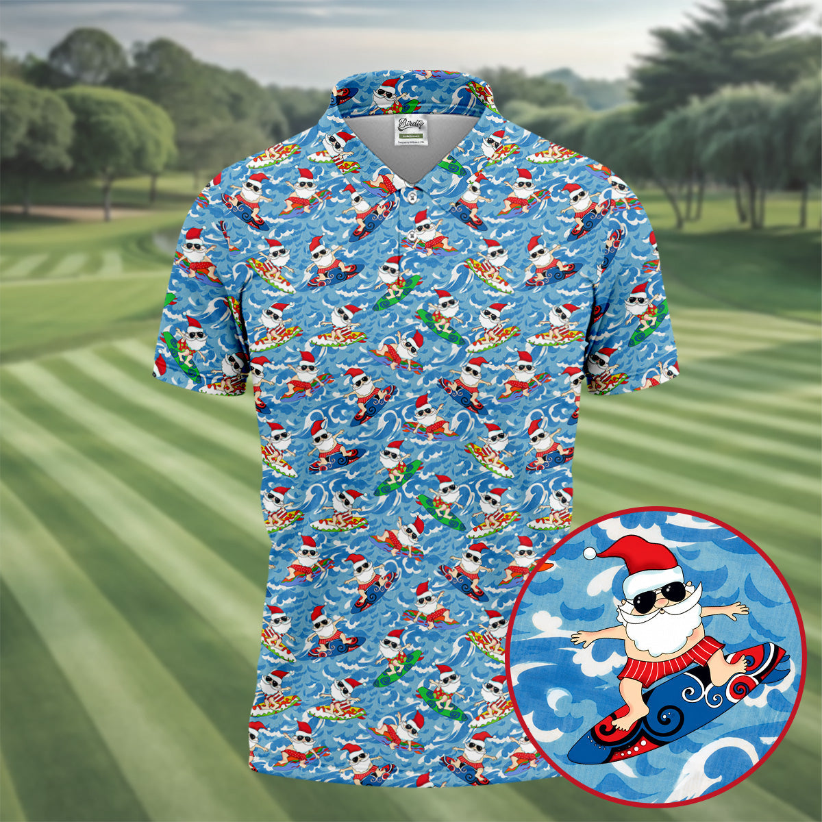 Surfing Santa Christmas Ocean Pattern Polo Shirt, Mens Golf Polo, Christmas Golf Shirt