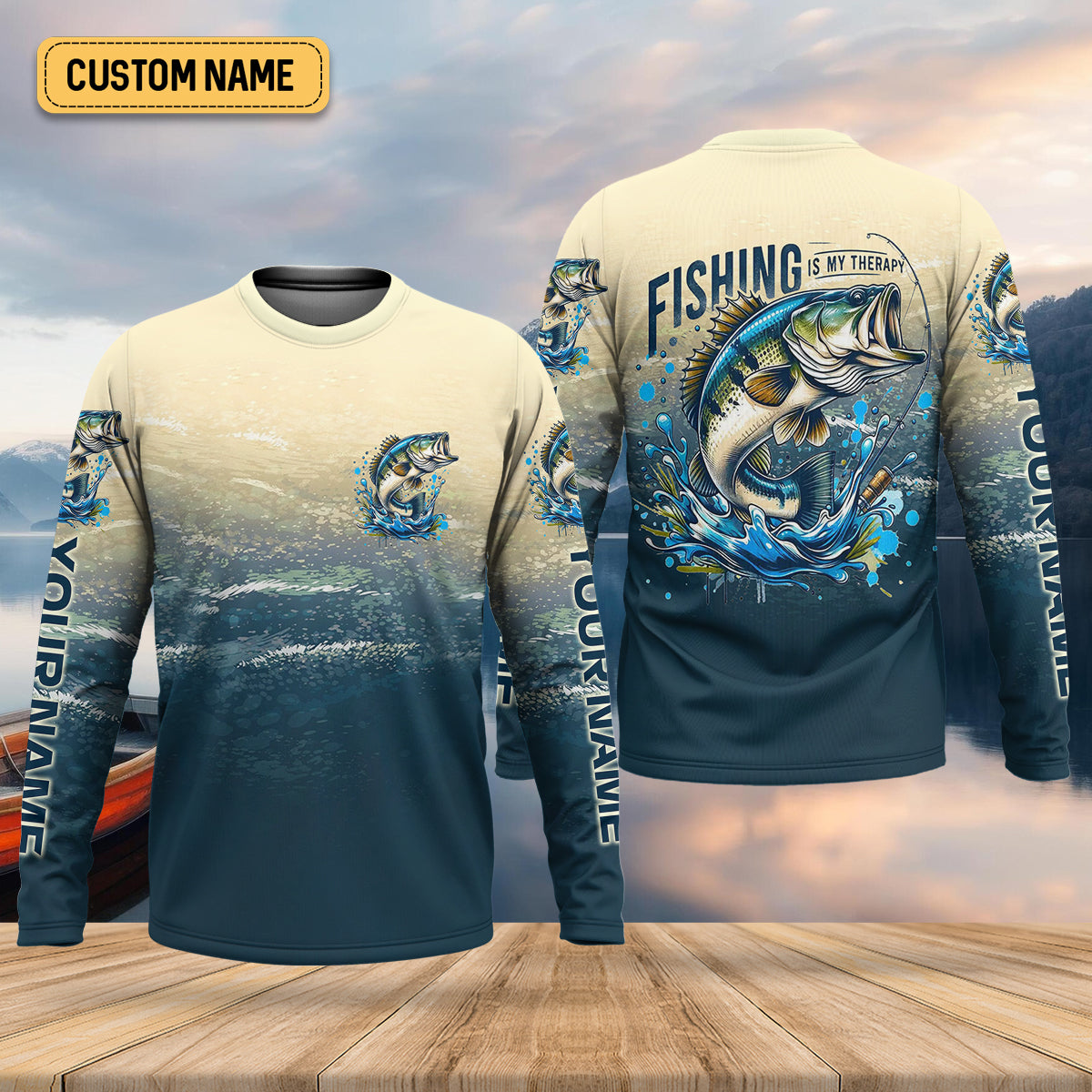 Fishing Is My Therapy Navy And Beige Fishing UPF Shirts, Gift For Fisherman, Fishing Shirts For Men