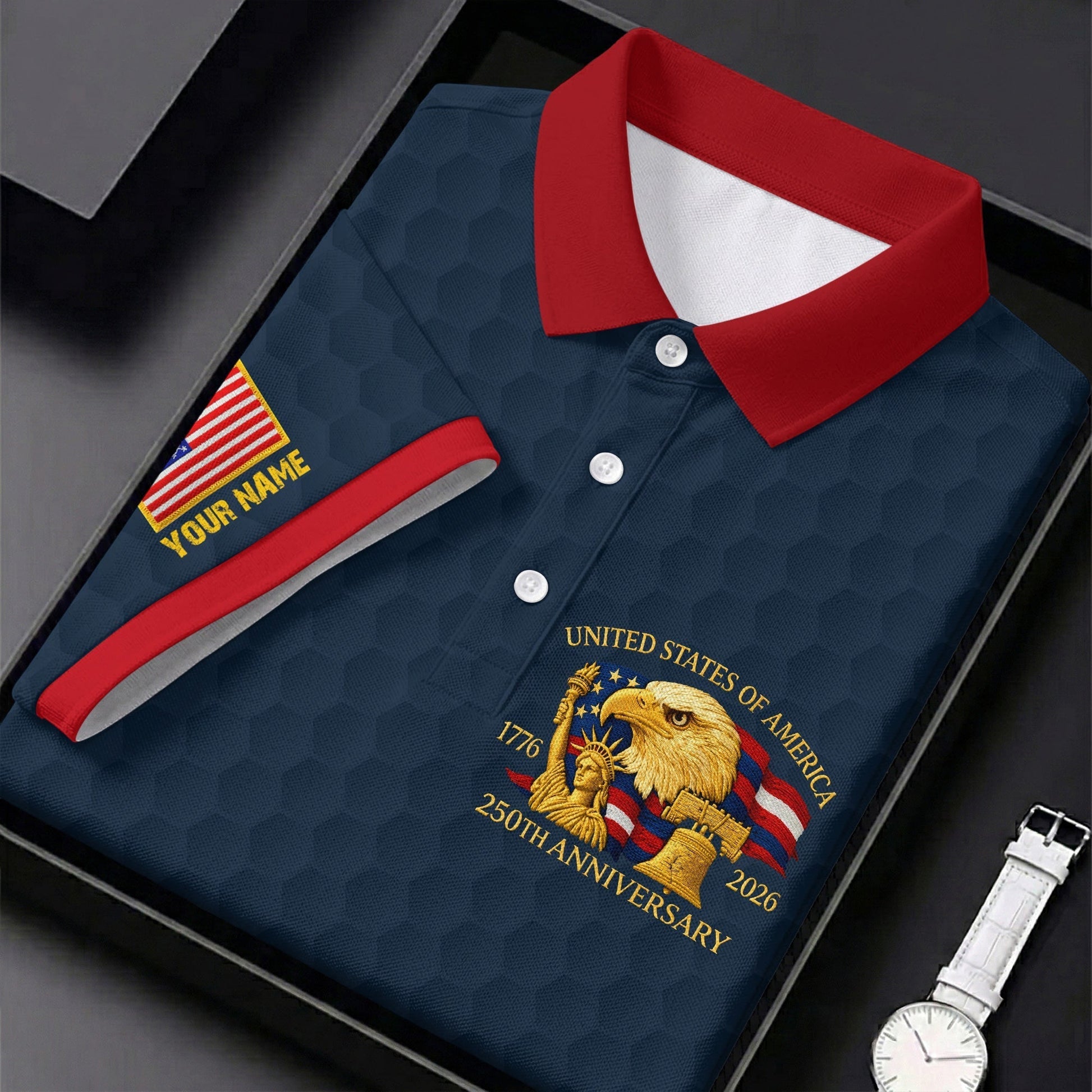 United States 250th Anniversary Patriotic Eagle Navy Custom Golf Shirts, 4th Of July Golf Shirt For Women