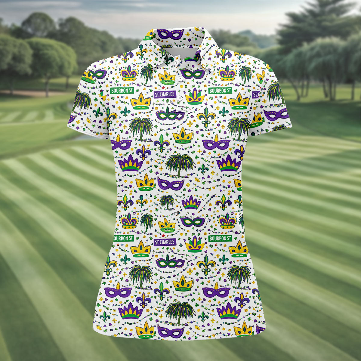 Crown Mask Fleur De Lis Mardi Gras Golf Shirt, Women's Golf Shirts, Ladies Golf Polos, Golf Shirt For Women
