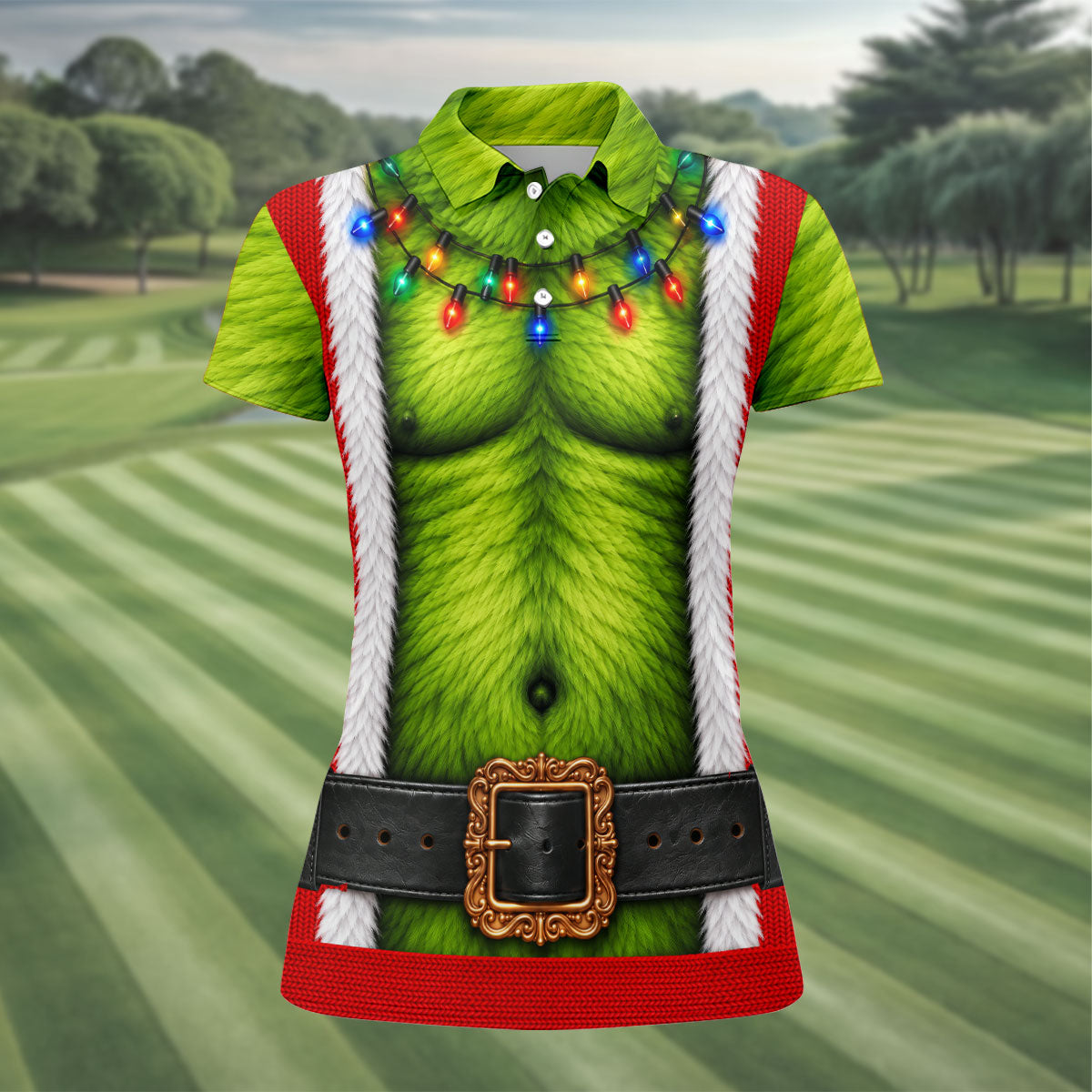 Green Furry Christmas Lights Golf Polo Shirt, Christmas Golf Shirt, Women’s Golf Apparel