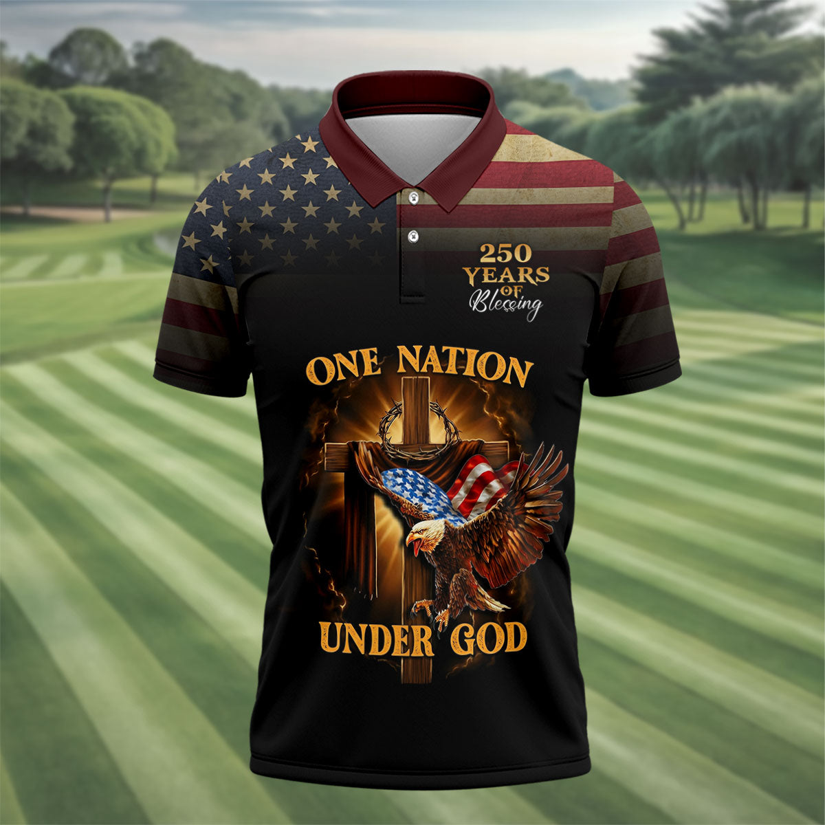 One Nation Under God 250 Years Faith Cross Golf Tops For Men, Patriotic US Flag Father's Day Golf Shirt