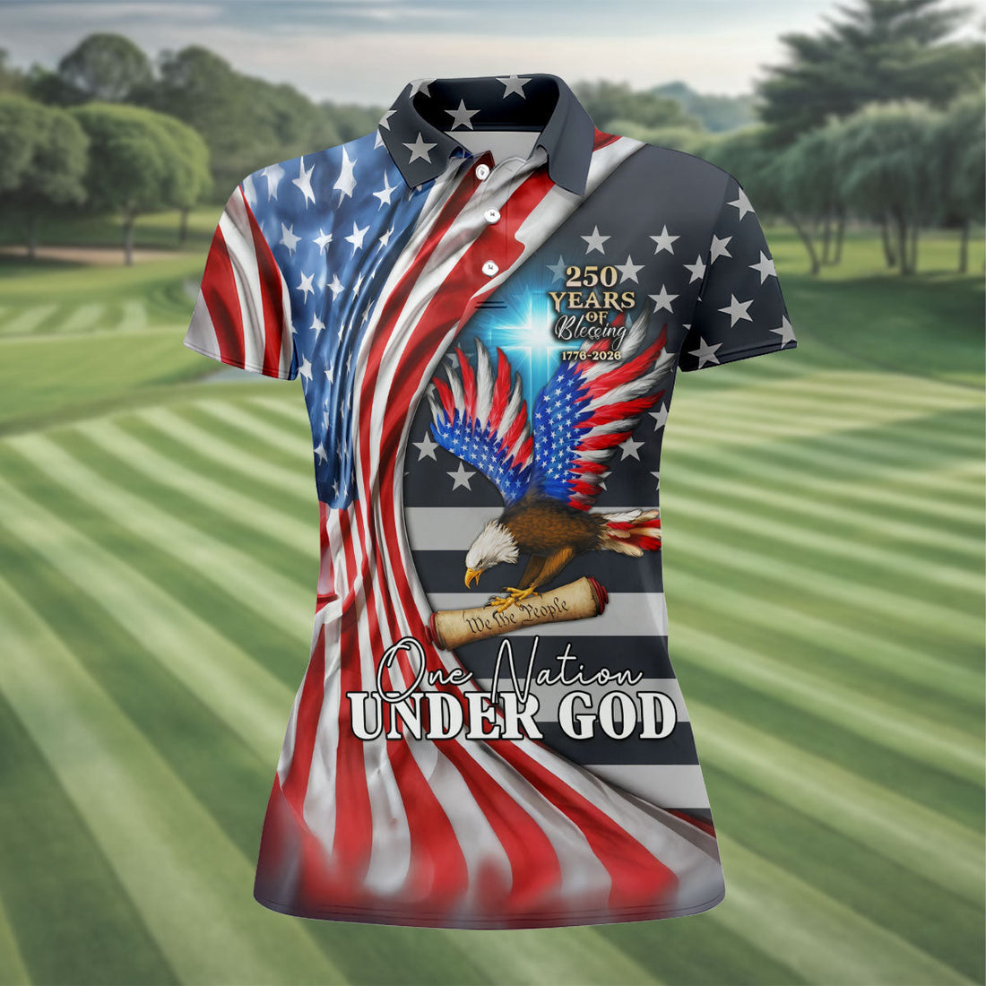 One Nation Under God 250 Years Of Blessing Patriotic Golf Shirt, 4th Of July Women's Golf Tops