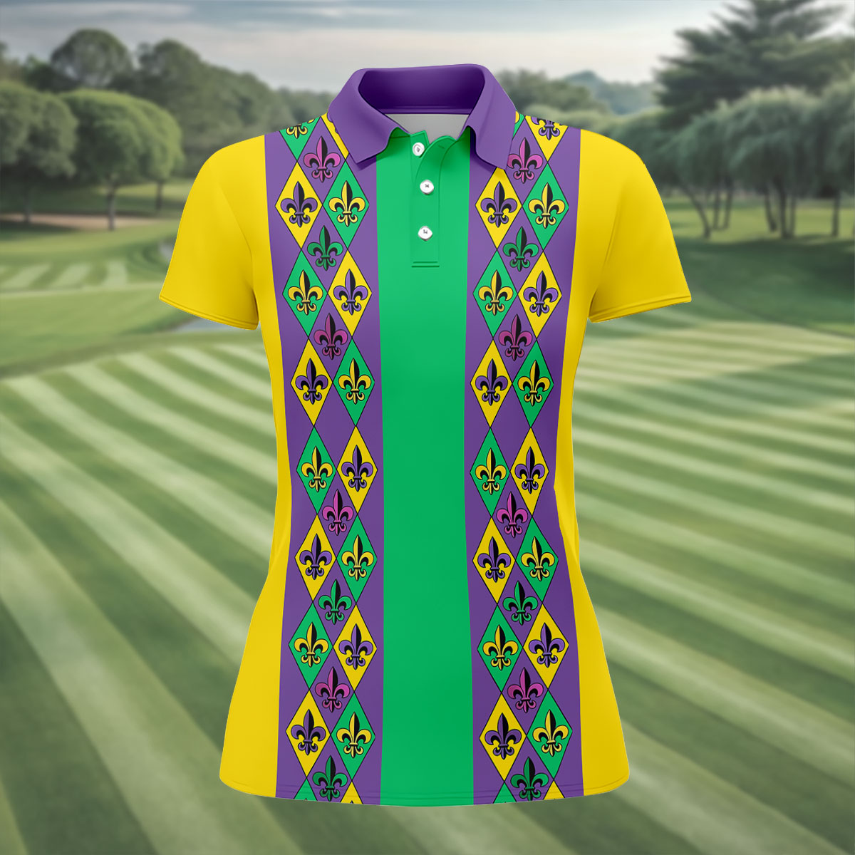 Purple Green Gold Fleur De Lis Argyle Pattern Mardi Gras Golf Shirt, Women's Golf Tops, Ladies Golf Shirt