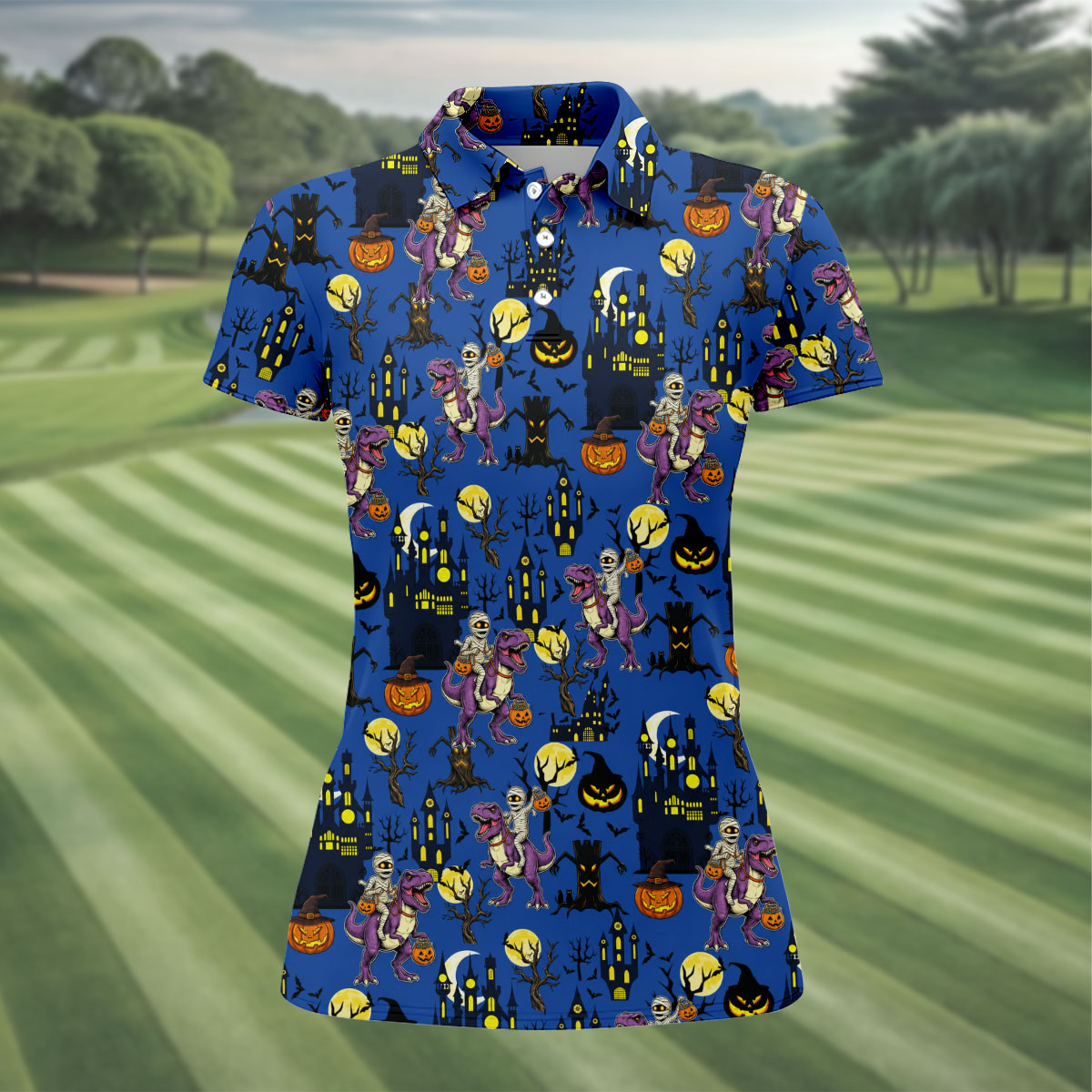 Dinosaur Mummy Pumpkin Halloween Polo Shirt, Golf Shirts For Women, Women’s Golf Apparel