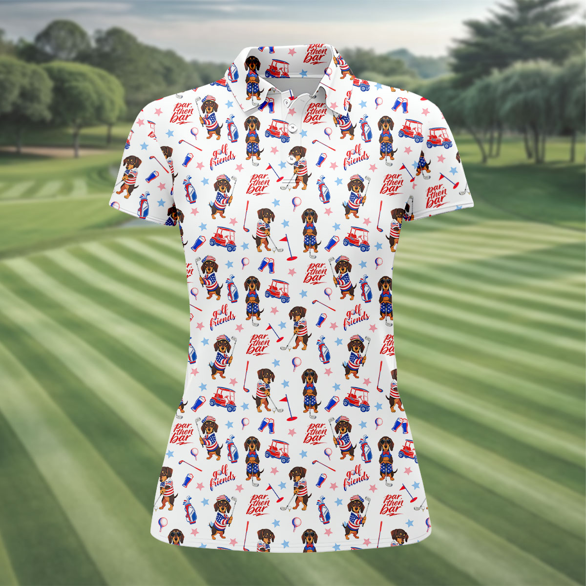 Par Then Bar Cute Dachshund Golf Pose 4th Of July Women Golf Top, 250th Anniversary Patriotic Golf Shirt