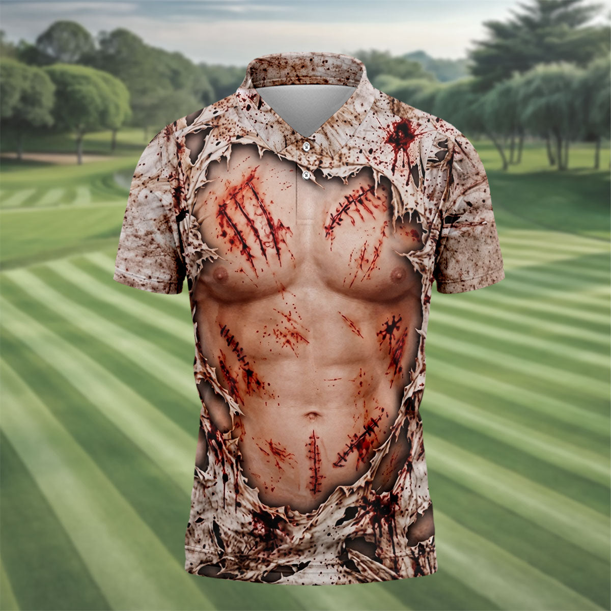 Bloody Stitched Torso Halloween Costume Polo Shirt, Mens Golf Shirts, Halloween Golf Shirt