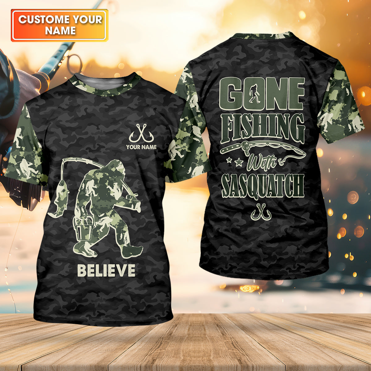 Gone Fishing With Sasquatch Camo Fishing Shirt, Fishing UPF Shirts, Fishing Shirts For Men