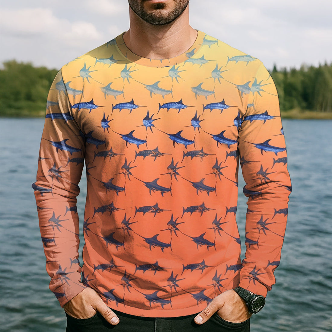 Swordfish Pattern Orange Fishing Shirt, Cute Fishing Outfits, SPF Shirt For Men, Men's Fishing Shirt