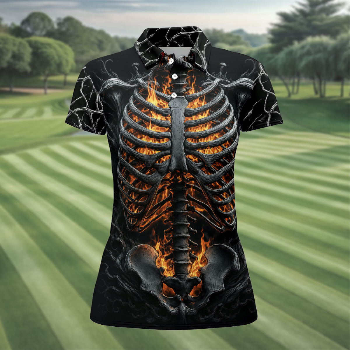 Halloween Fire Skeleton Horror Character Polo Shirt, Ladies Golf Shirts, Womens Golf Tops