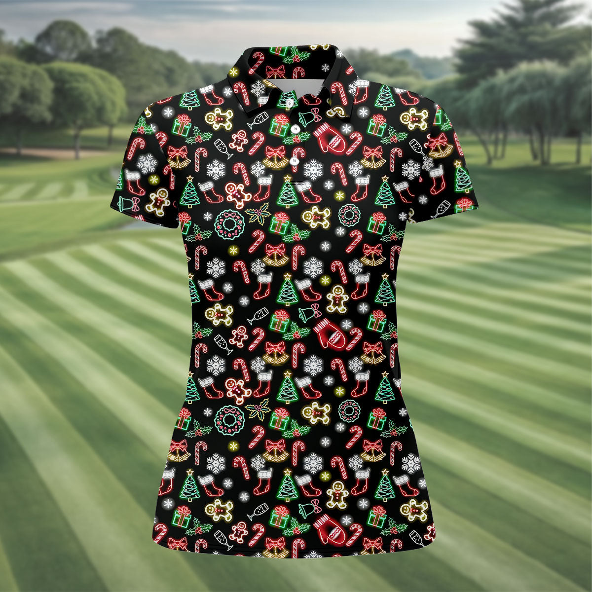Neon Christmas Pattern Black Golf Polo ShirtFunny Golf Shirts Women, Christmas Golf Gift, Ladies Golf Shirts