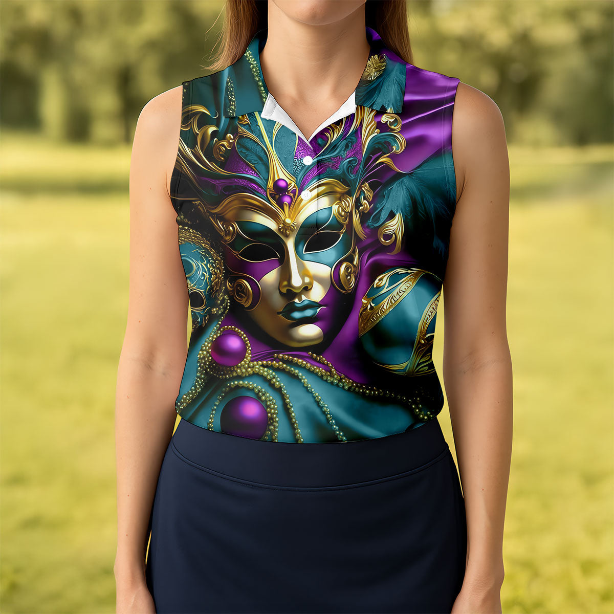 Mardi Gras Face Mask Turquoise Golf Shirt, Women's Golf Tops, Ladies Golf Polos, Women's Polo Shirt