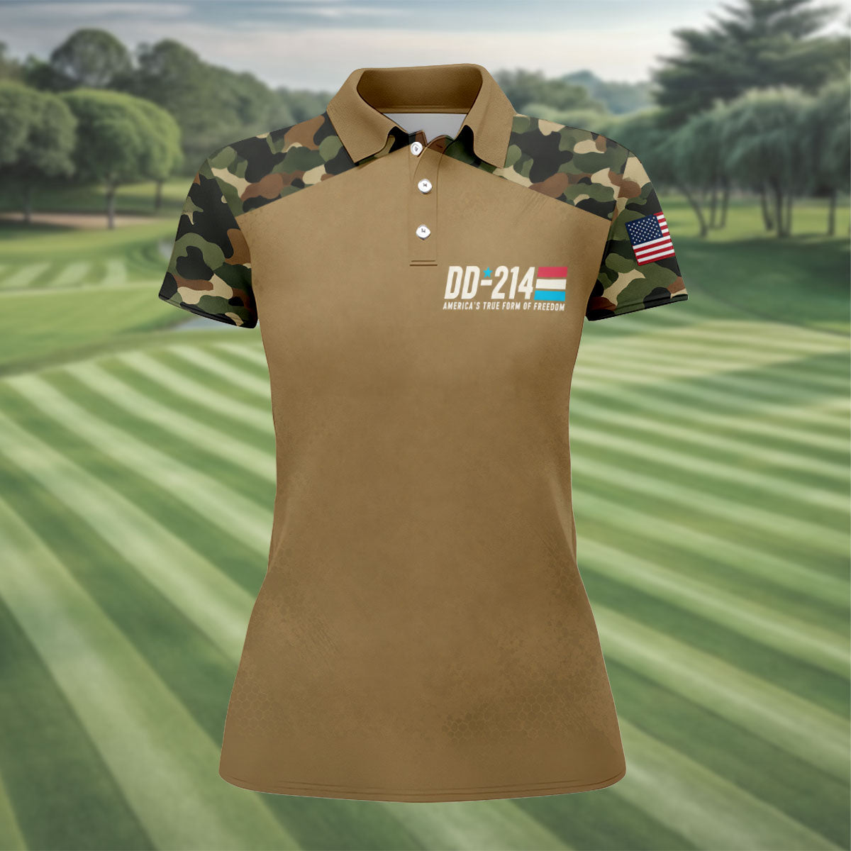 DD-214 Tan Camo Freedom Polo Shirt, Golf Tops For Women, Veterans Day Golf Shirt