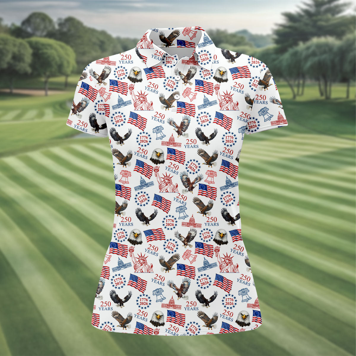 250 Years American Symbol Patriotic Pattern White Golf Shirt, 4th Of July Golf Shirt, Golf Shirt For Women