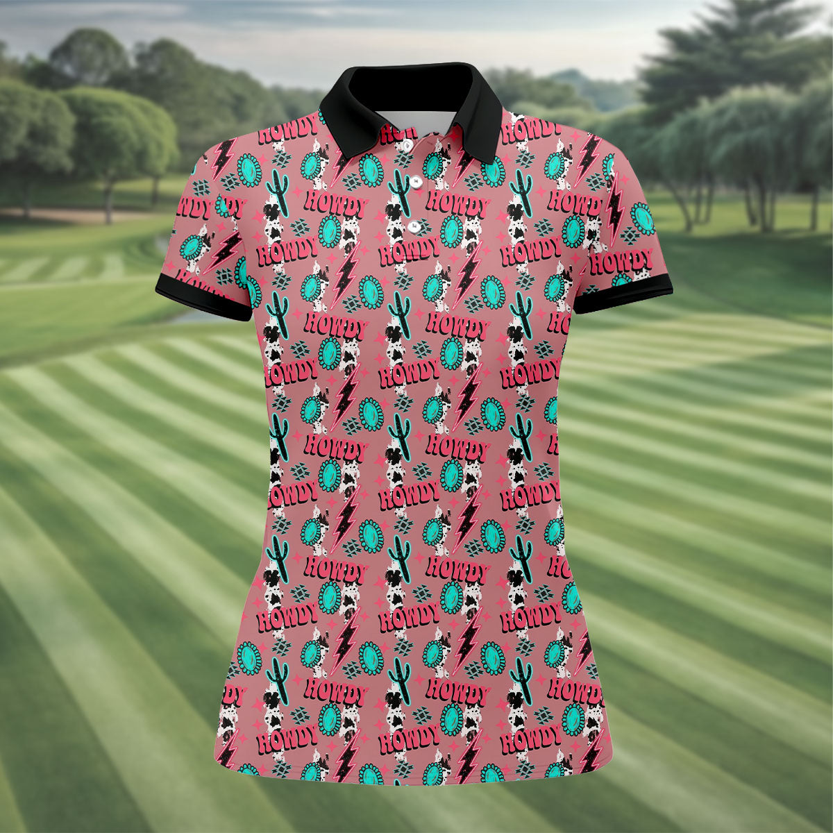 Howdy Pink Lightning Bolts Western Theme Women Golf Top, Ladies Golf Shirts, Golf Shirt For Women