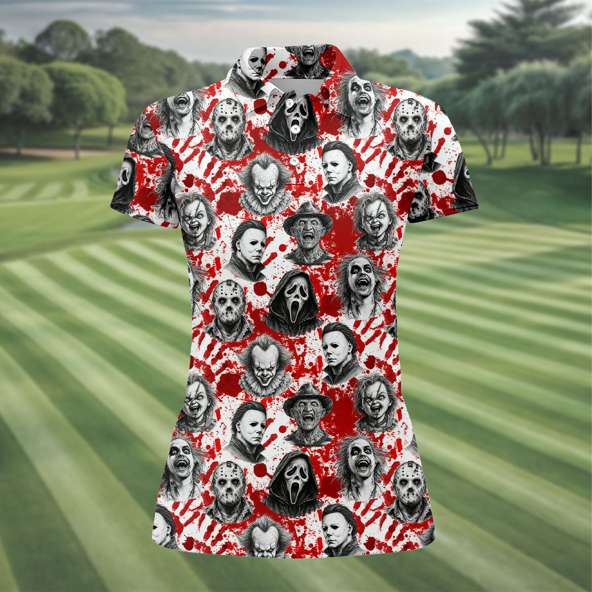 Halloween Horror Character Blood Splatter Polo Shirt, Womens Golf Tops, Women’s Golf Polo
