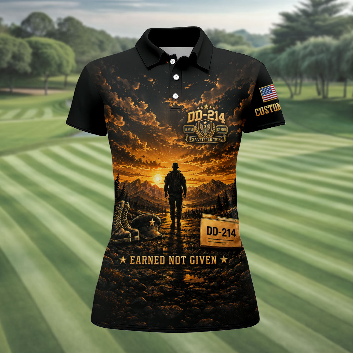 Custom DD-214 Sunset Soldier Golf Polo Shirt, Womens Golf Polo, Veterans Day Shirt