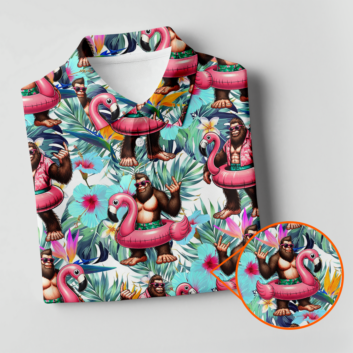 Funny Bigfoot Flamingo Float Tropical Golf Polo Shirt, Women's Golf Tops, Golf Polo For Women