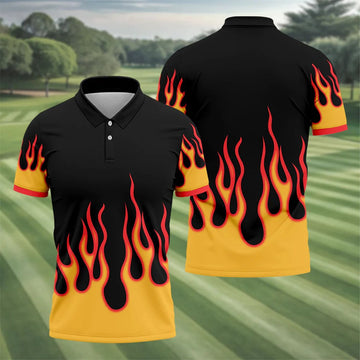 Retro Flame Fire Pattern Design Hawaiian Golf Shirt, Golf Shirts For Men, Polo Shirts For Men
