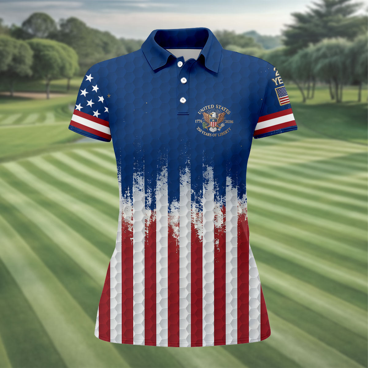 250 Years Of Liberty Distressed American Flag Golf Shirt, Patriotic 4th Of July Golf Shirt For Women