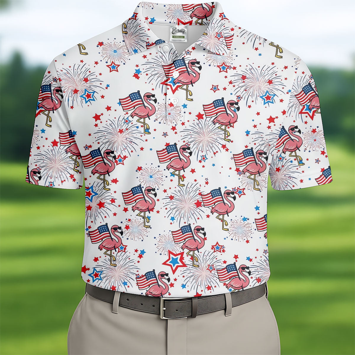 Patriotic Flamingo American Flag Polo Shirt, Mens Golf Polo, Golf Shirts For Men