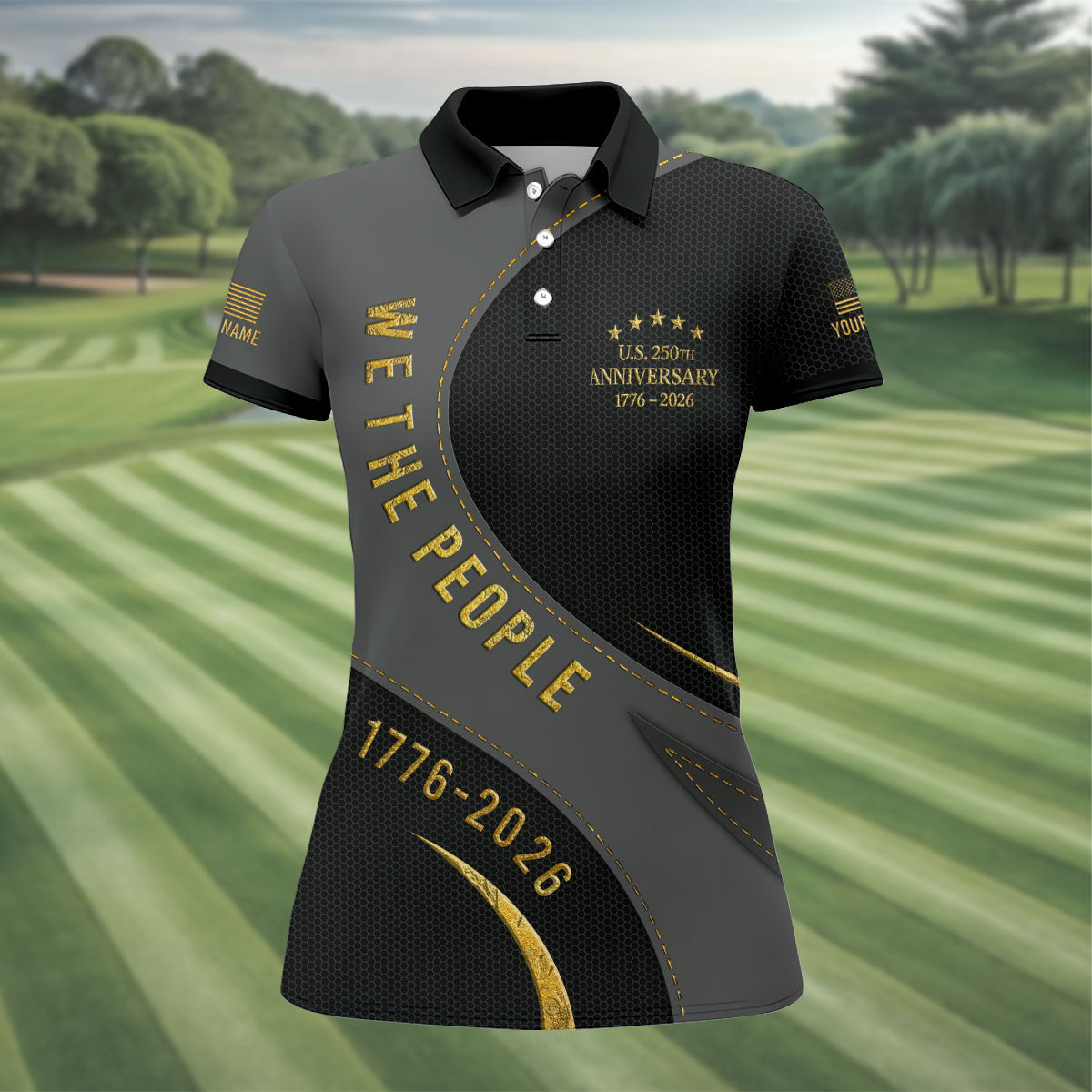 We The People US 250th Anniversary Black And Gold Patriotic Golf Shirt, 4th Of July Golf Shirt For Women