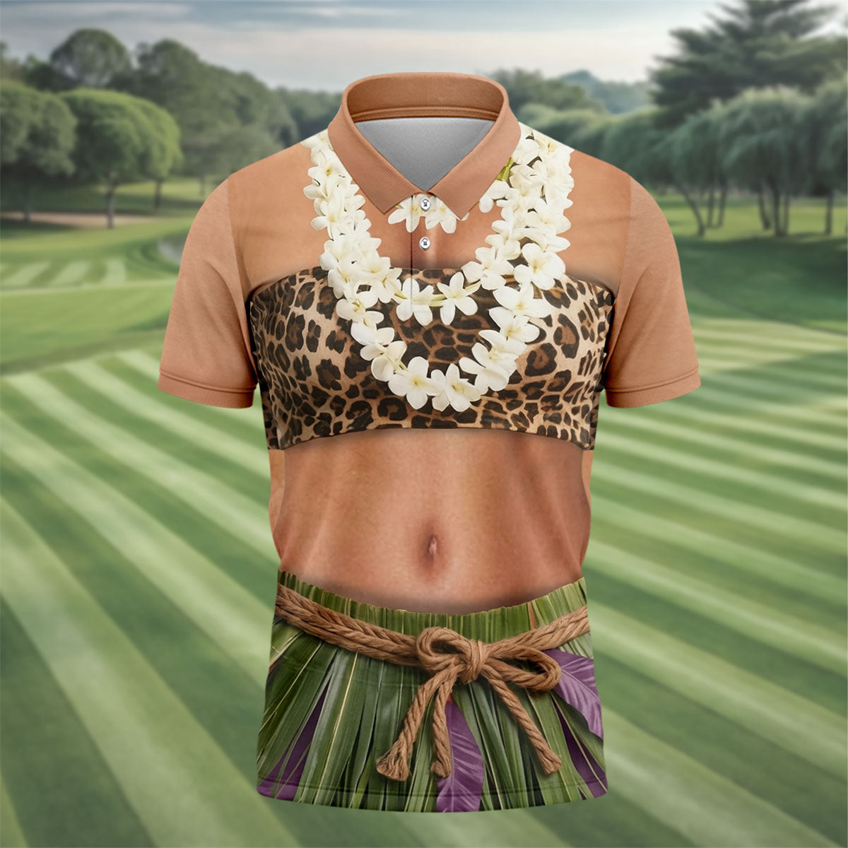 Floral Lei Tropical Theme Party Leopard Print Hawaiian Golf Shirt, Polo Shirts For Men