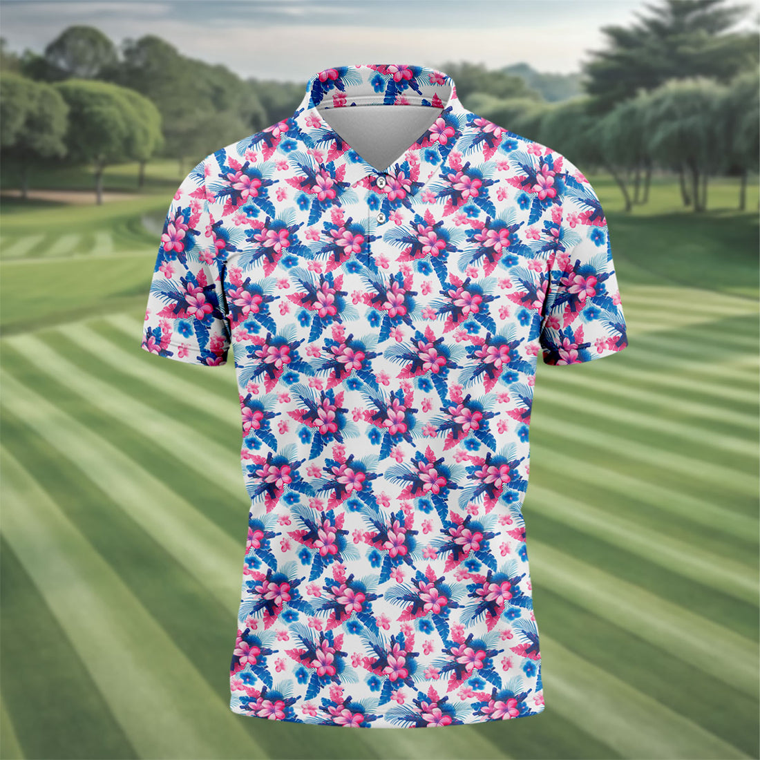 Pink Blue Tropical Floral Hawaiian Golf Shirt, Vibrant Color Golf Shirts For Men