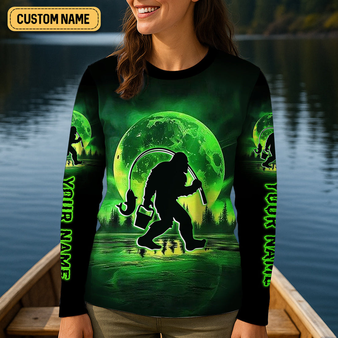 Gone Squatchin And Catchin Neon Green Color Funny Fishing Shirt, Women SPF Shirt, Female Fishing Shirts