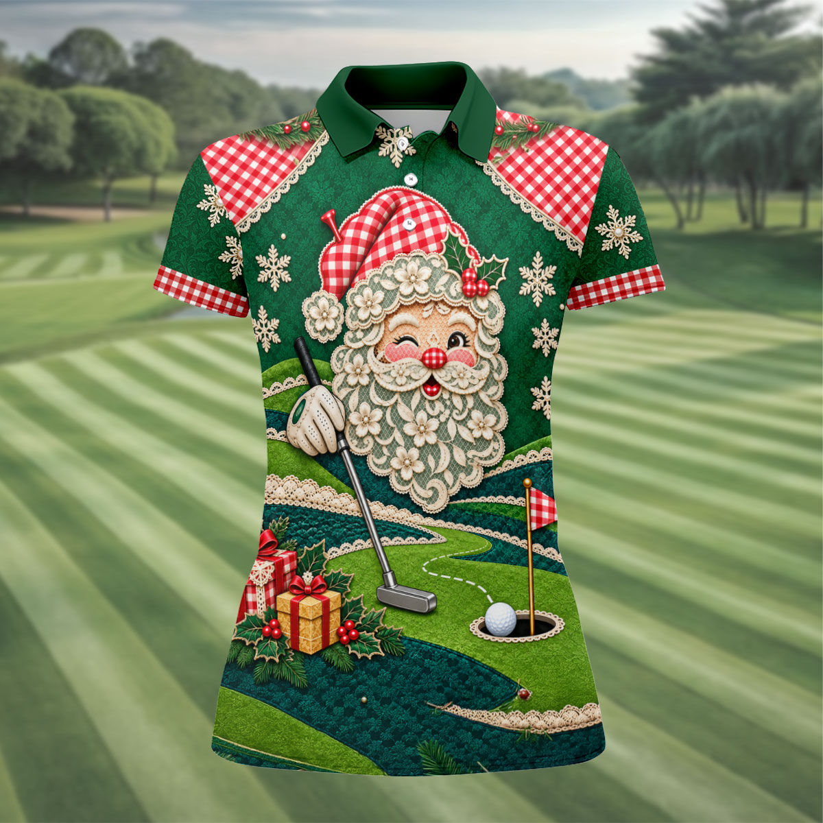 Christmas Winking Santa Polo Shirt, Christmas Golf Shirts, Golf Apparel For Women