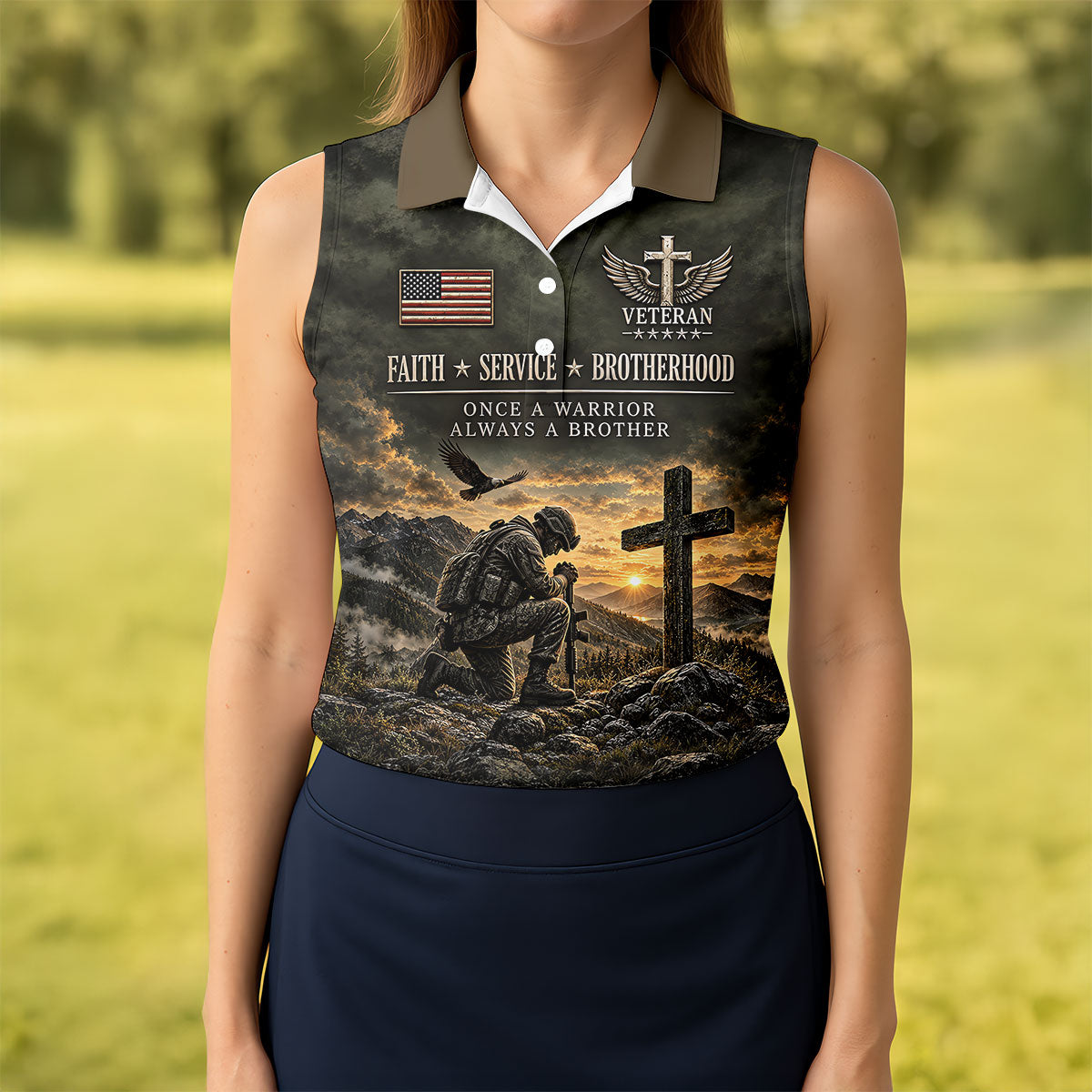 Veterans Day Praying Soldier Cross Polo Shirt, Golf Tops For Women, Ladies Golf Tops